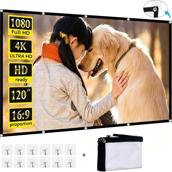120 inch Projector Screen 16:9, 4K HD Indoor Outdoor Wall Mount Foldable Portable Movie Screens, Anti-Crease Projection Screen for Home Theater