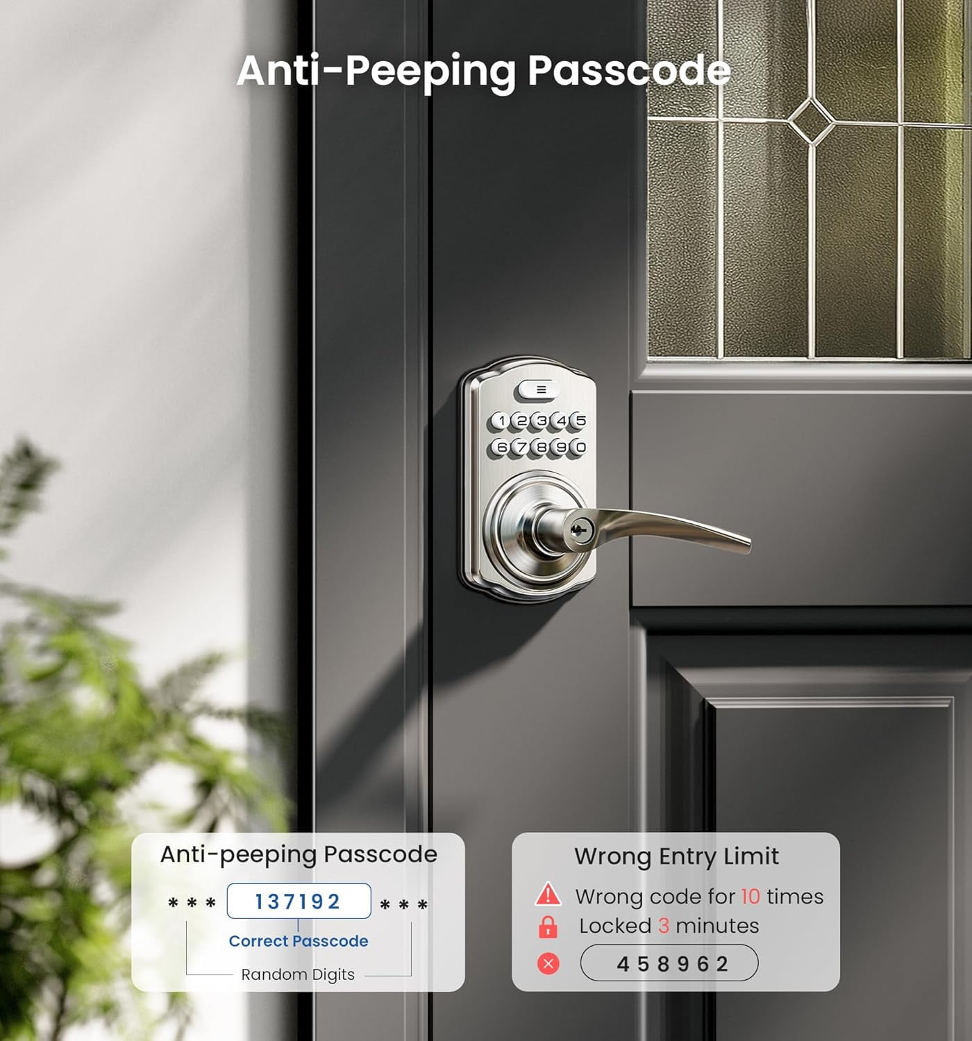 Veise Keypad Door Lock with Handle, Keyless Entry for Front Door & Bedroom, Electronic Lock with Code, Zinc Aluminum Metal Satin Nickel