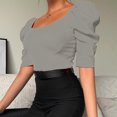 thumbnail image 3 of Camiseta informal de manga abombada con cuello redondo para mujer, camiseta ajustada acanalada de Color puro, Top gris XL, 3 of 7