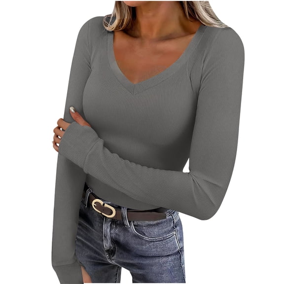 JGGSPWM Deep V Neck Long Sleeve Shirts for Women Ribbed Knit Going Out Tops Fitted Casual Basic Tee Fashion Spring Fall Clothes Gray L