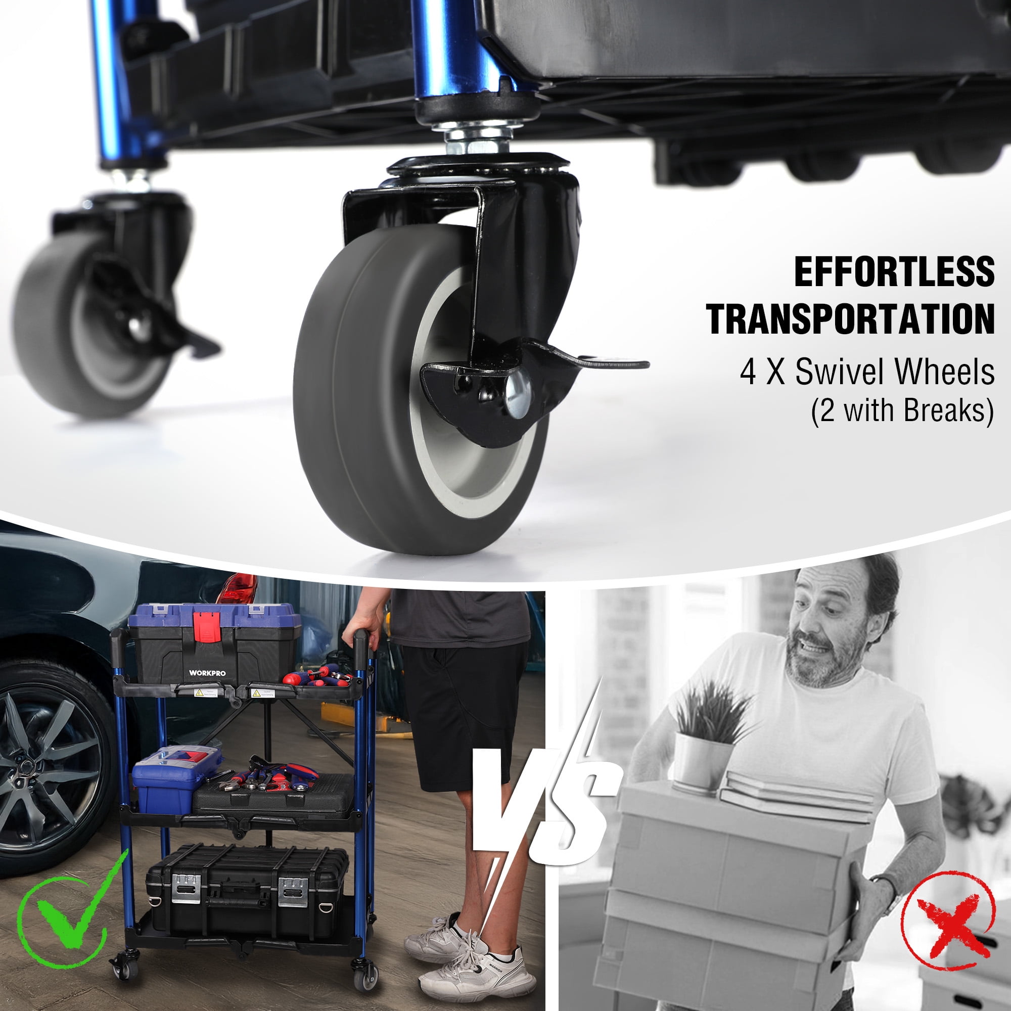 WORKPRO 3-Tier Folding Collapsible Service Cart with Wheels, 210 Lbs Loading Capacity, Foldable Rolling Utility Cart for Garage, Warehouse, Home, Restaurant, Office