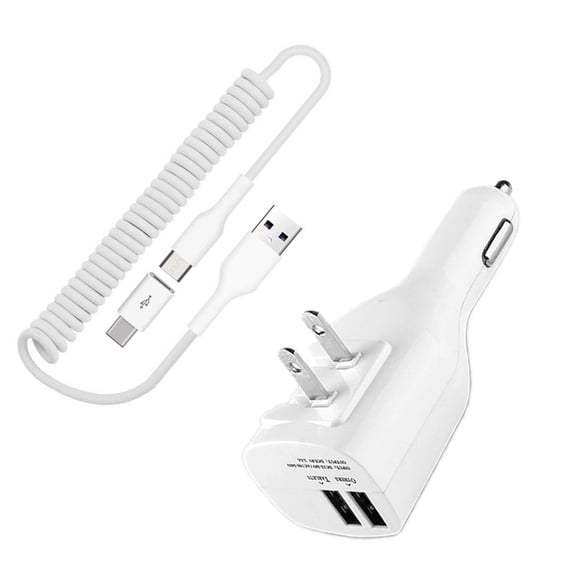 2-in-1 Car Home Charger Coiled USB Cable for iPhone 15/16/Plus/Pro/Pro Max/16e - Micro-USB to USB-C Adapter Charger Cord Power Wire Folding Prongs White