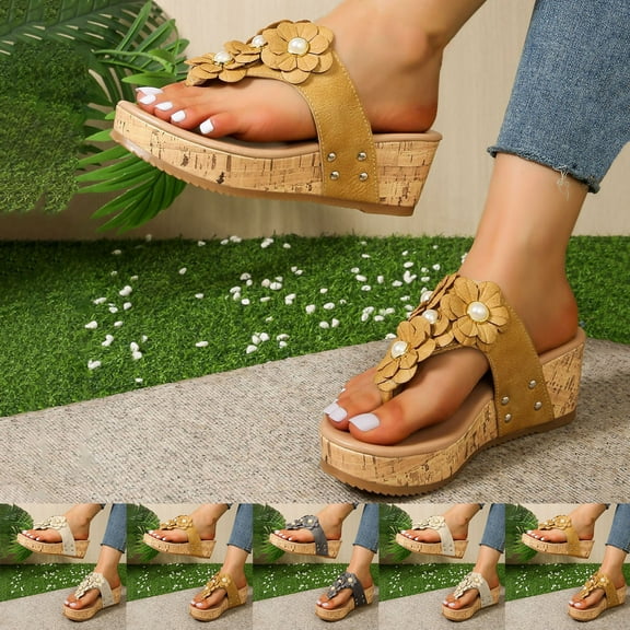 Miluxas Wedge Sandals for Women Flip Flops, Summer Flowers Clip Toe Platform Sandals Comfortable Slip On Walking Shoes Beach Casual Vacation Yellow 9.5(43)