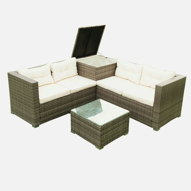 Patio Bistro Dining Chair Furniture Sets, 4 Pieces Patio Furniture Sets with Glass Coffee Table & Storage Box, Leisure Chair Conversation Set with Soft Cushion for Garden Poolside, Beige, SS2164