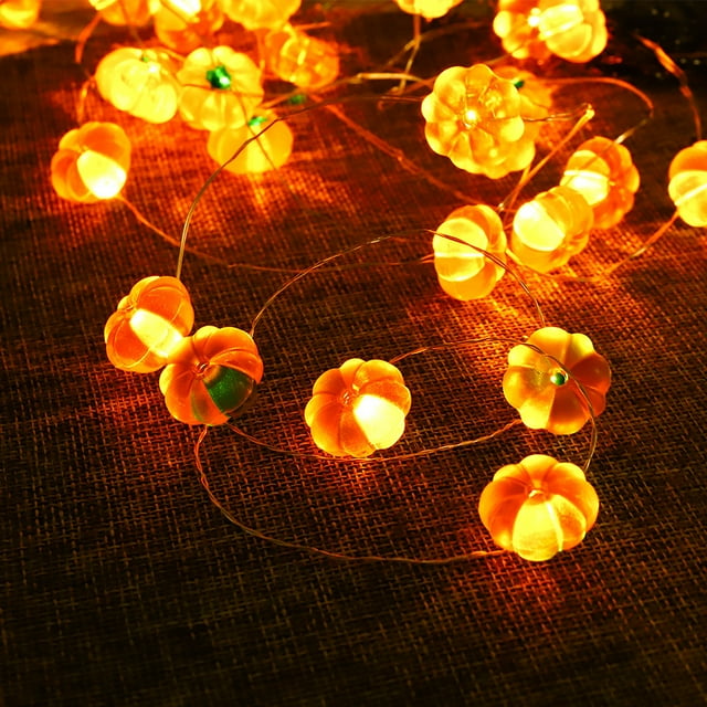 Luces de Halloween 3D tipo Jack-o-Lantern, 4 m, 40 LED, cadena de luces naranjas a pilas para fiestas de Halloween en interiores, otoño, cosecha al aire libre y decoraciones de Acción de Gracias.