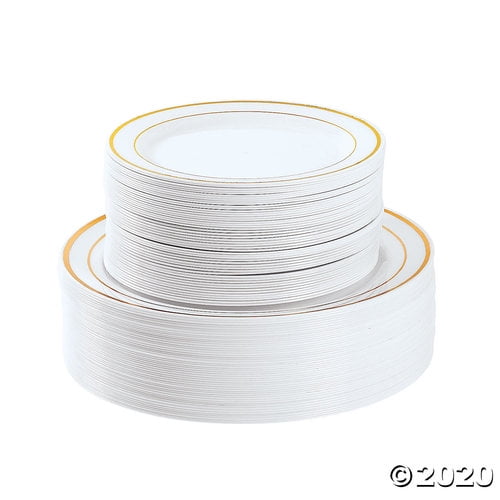 Bulk Premium White Plastic Plates with Gold Trim 100 Ct