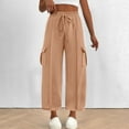 thumbnail image 6 of Women's Stretchy Wide Leg Pants New Baggy Cargo Sweatpants for Women Wide Leg Drawstring Elastic Waist Pants with Pocket Fall Trendy Outfits Beige M, 6 of 7