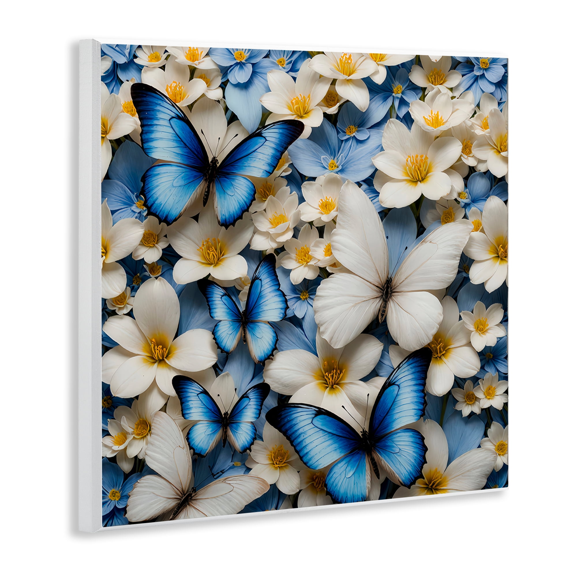 Stupell Industries Blue & White Floral Butterflies Plants & Flowers Painting Unframed Art Print Wall Art, 12 x 12