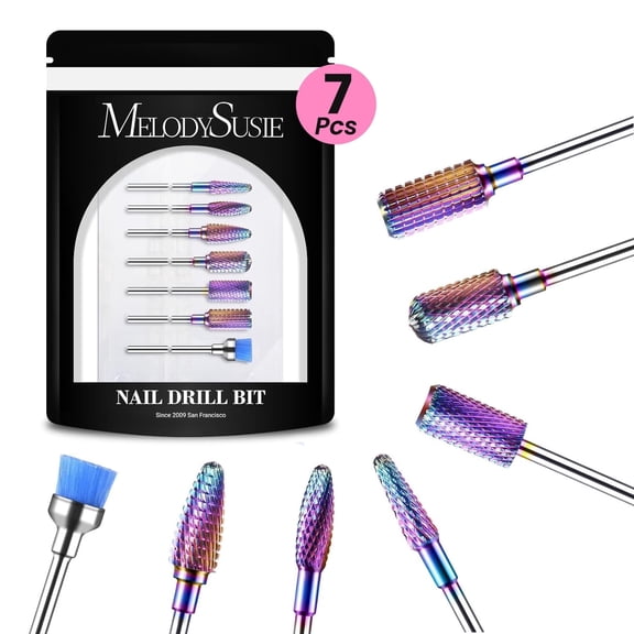 MelodySusie Nail Drill Bits Set, 7pcs Tungsten Carbide Diamond 3/32'' Professional Nail Drill Bits for Nail Drill Efile,colorful