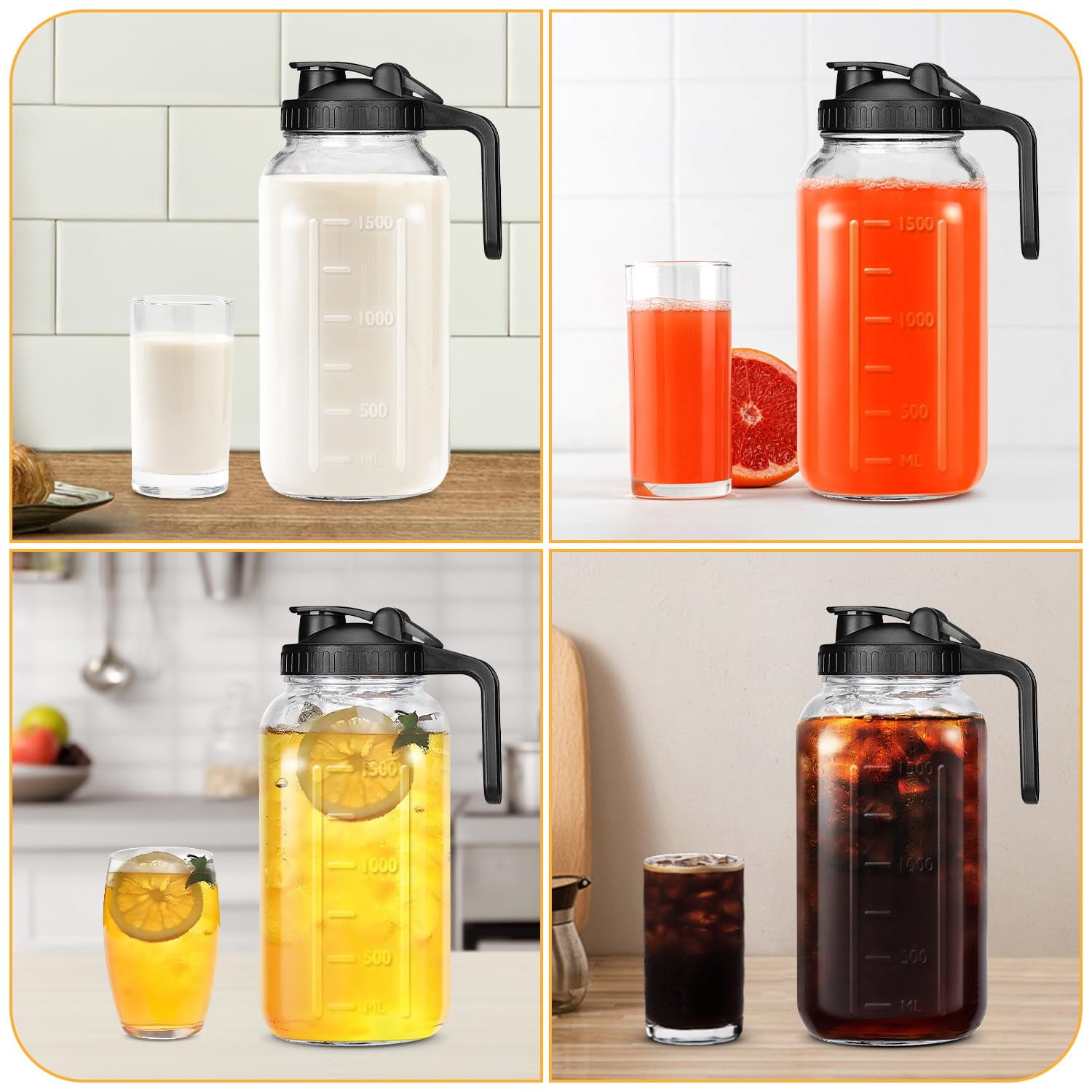JOGGEIL 3 Pack 64OZ Mason Jars with Lid, 2 Quart Glass Water Pitcher with Lid, Airtight Seal for Great for Iced Tea,Juice,Milk,Coffee,Sun Lemonade, Black