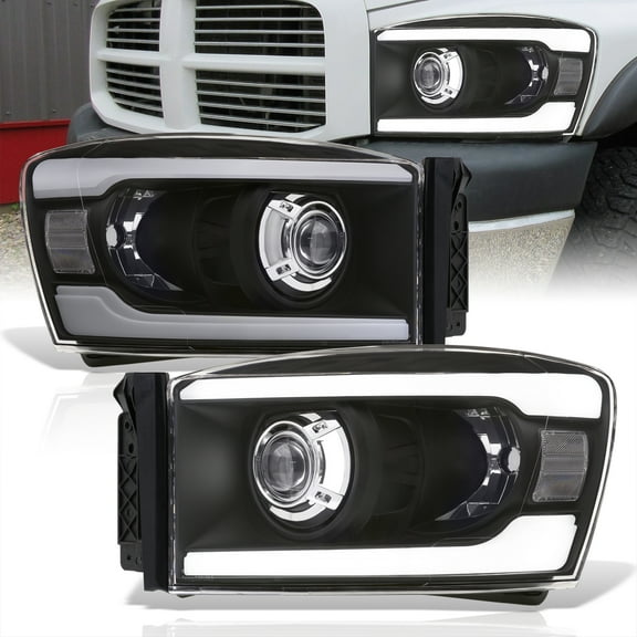 AJP Distributors Black Housing LED DRL Tube Bar Driving Projector Head Lights Signal Lamps Assembly Pair Left Right Compatible/Replacement For Dodge Ram 1500 2500 3500 2006 2007 2008 2009 06 07 08 09
