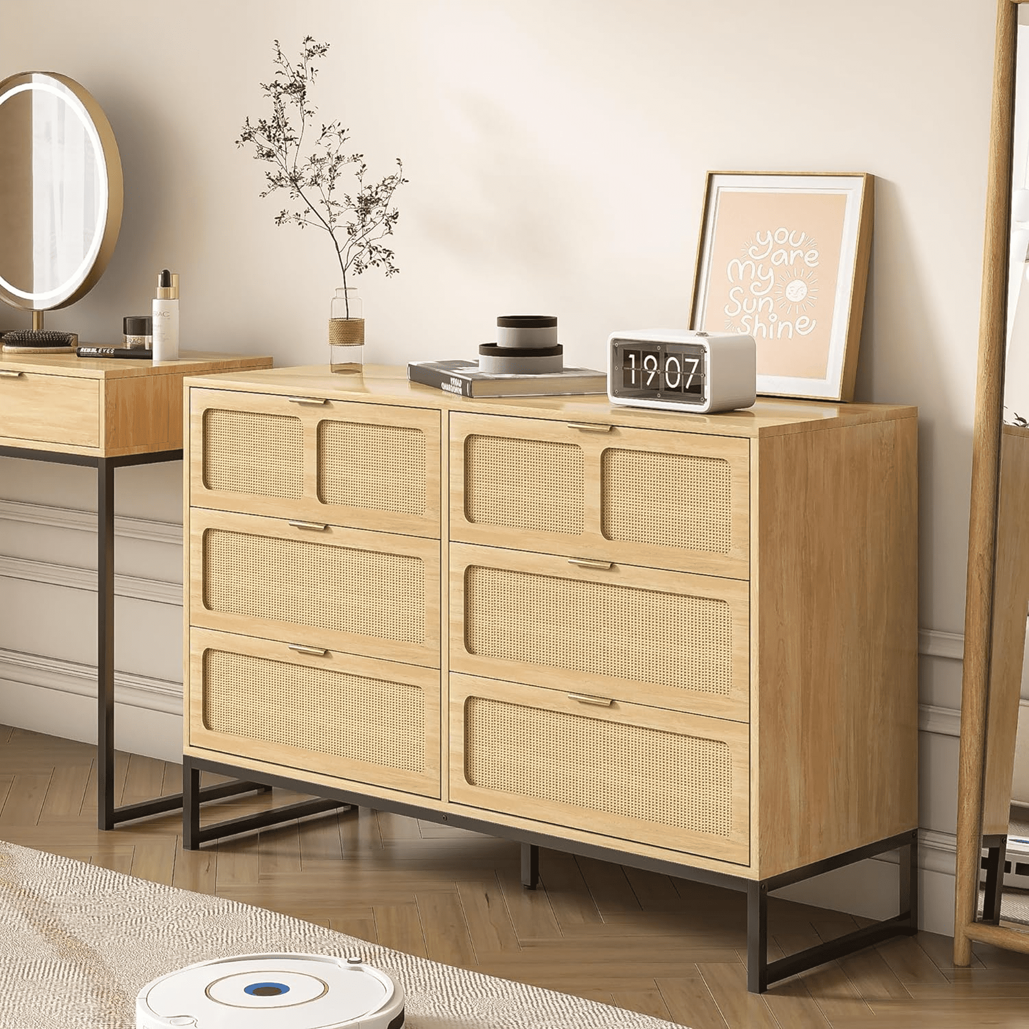 6 Drawer Double Dresser, Rattan Chest of Drawers, Wood Storage Chest for Bedroom Living Room