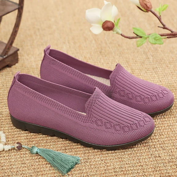 XIMIN Women's Knitted Flat Simple Solid Color Slip On Shoes Round Toe Lightweight Comfortable Loafers Footwear Casual Breathable Mesh Walking Shoes