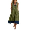 thumbnail image 3 of Oksale Flowy Dresses for Women Trendy Denim Print Deep V Neck Tank Dress with Pockets Loose Cozy Midi Vacation Dresses Army Green 2XL, 3 of 10