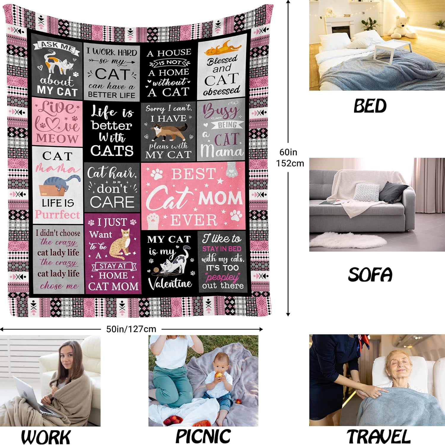 Cat Mom Gifts, Cat Gifts for Women, Cat Lovers Gifts Throw Blanket 50"x60", Funny Cat Gifts for Girls, Cat Themed Gifts, Cat Owner Gifts, Birthday Gifts for Cat Lovers, Cat Mom Blankets