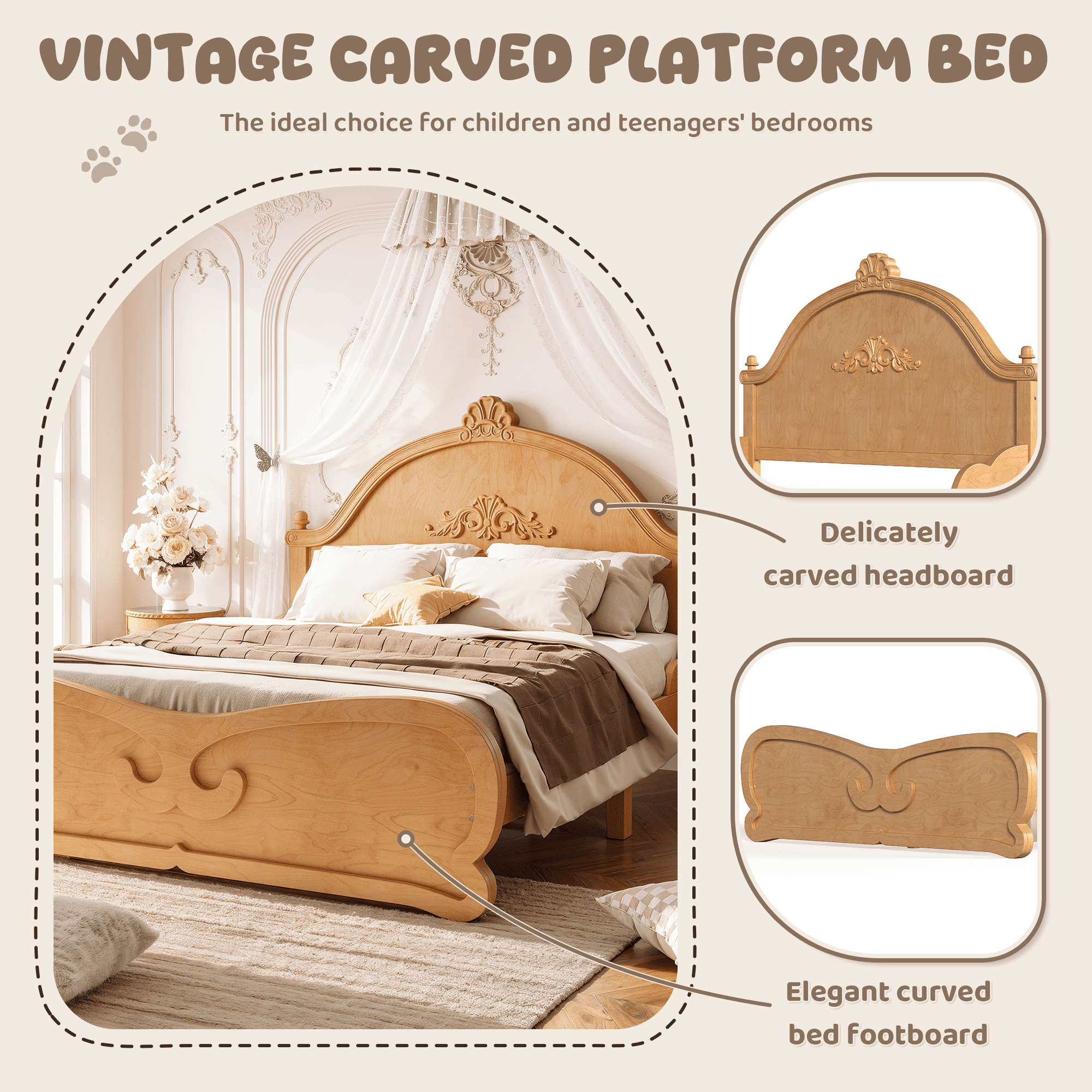 GARITIN Full Vintage Carved Platform Bed with Headboard, Solid Wood Bed Frame with Slatted Support, Low Profile Platform Bed, No Box Spring Needed, Natural
