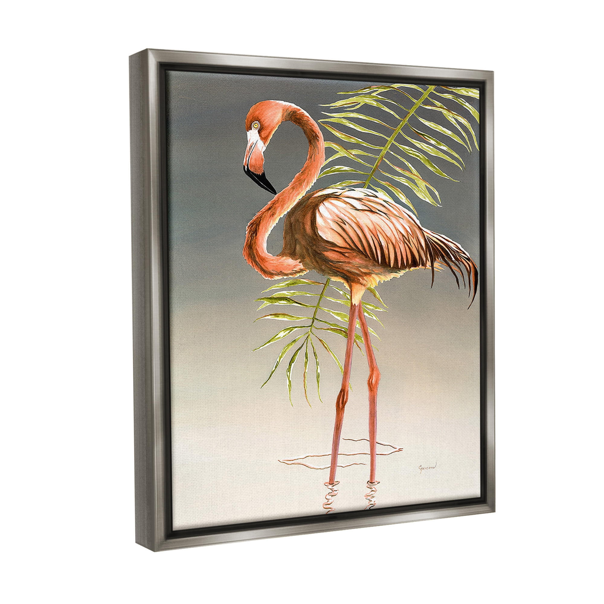 Stupell Industries Flamingo with Water Ripple Animals & Insects Painting Gray Floater Framed Canvas Art Print Wall Art, 17 x 21