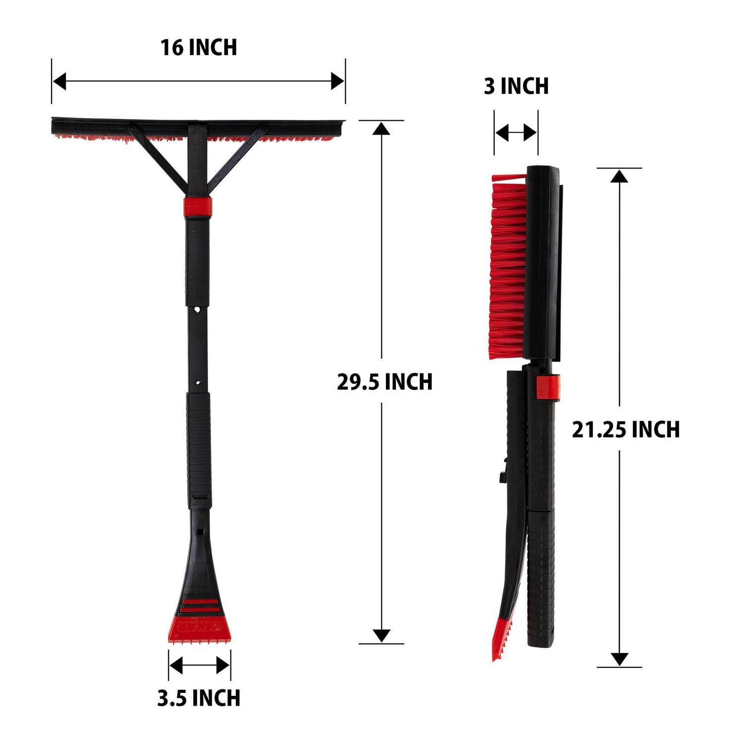 Brosse à neige pliante Oskar 22 po avec grattoir à glace et raclette, rouge & noir