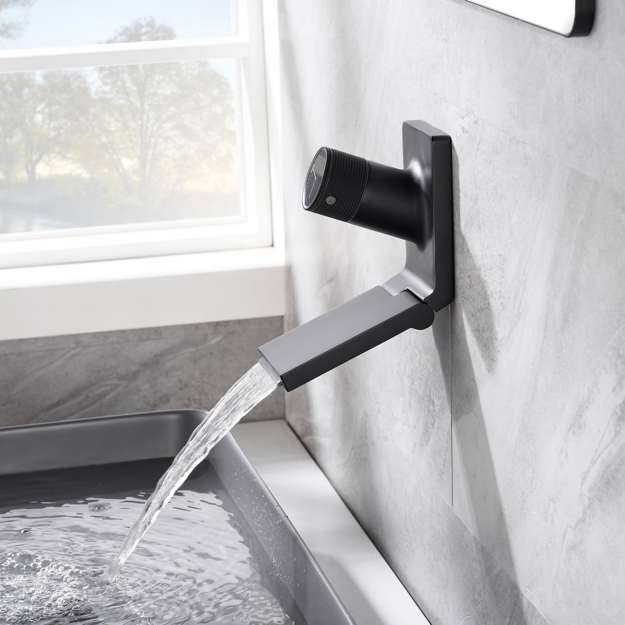 SUMERAIN Wall Mount Waterfall Bathroom Sink Faucet, Single Handle One Hole Vanity Faucet with Foldable Spout, Matte Black