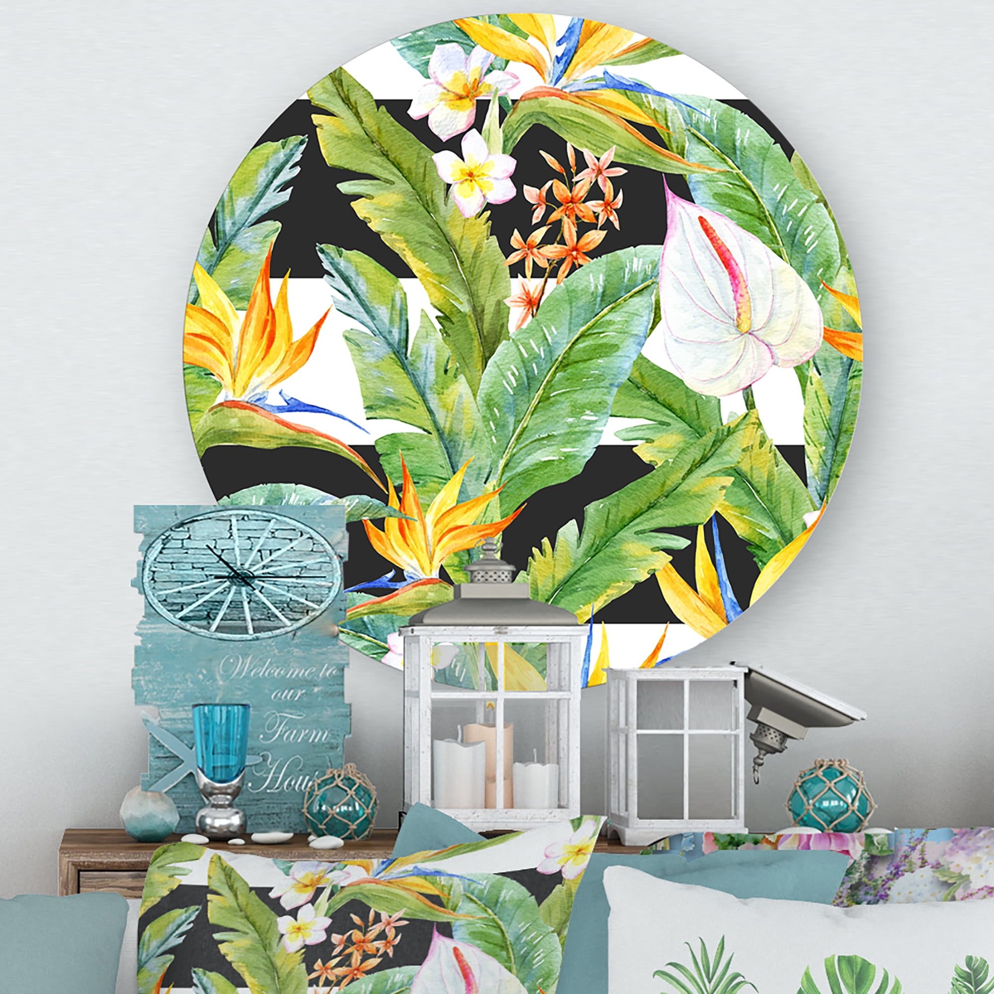 Designart 'Yellow Flowers and Tropical Foliage IV' Modern Circle Metal Wall Art 11x11 - Disc of 11