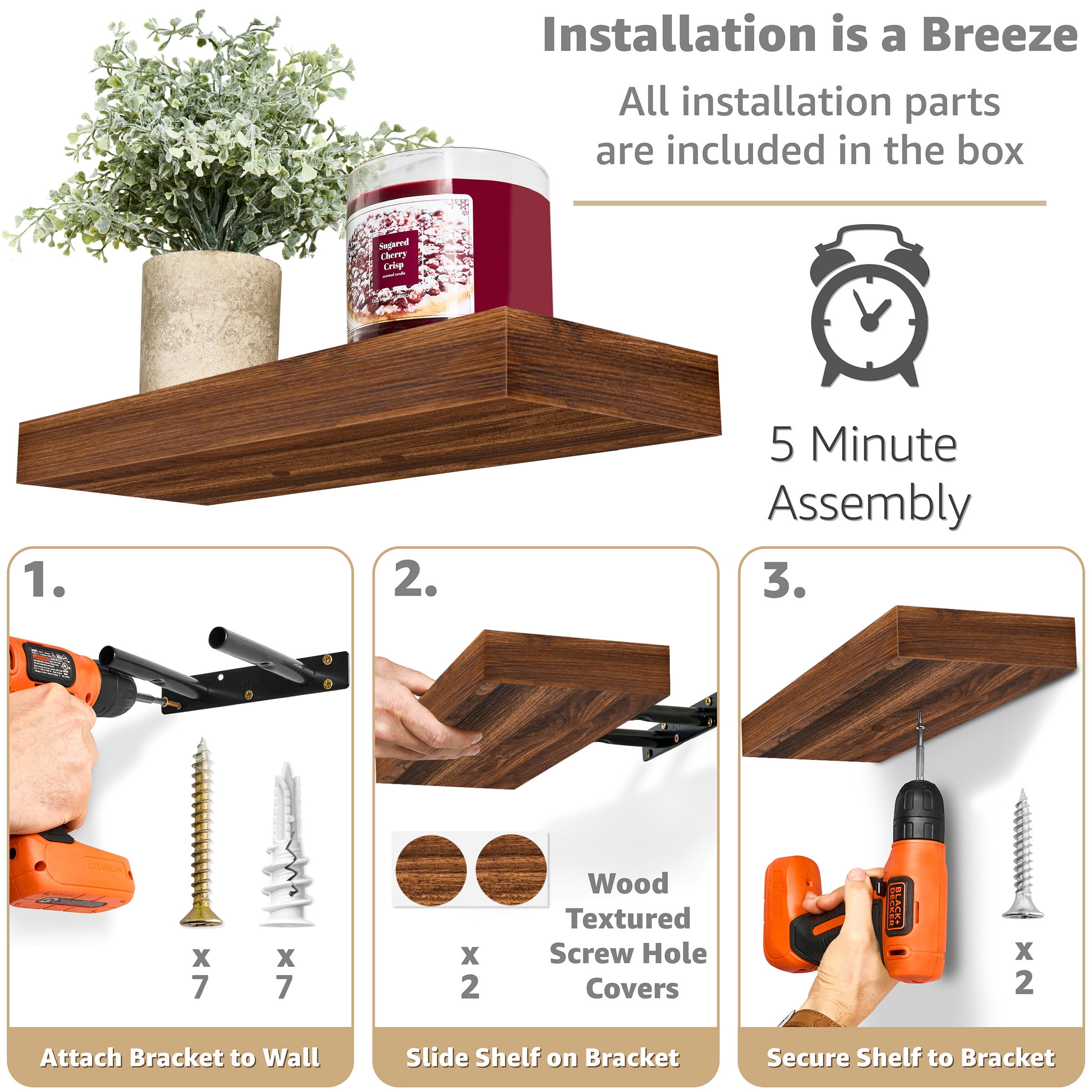 Sorbus 16.25" Walnut Rustic Floating Shelves (Set of 5) – Wall Storage for Décor, Frames, Trophies