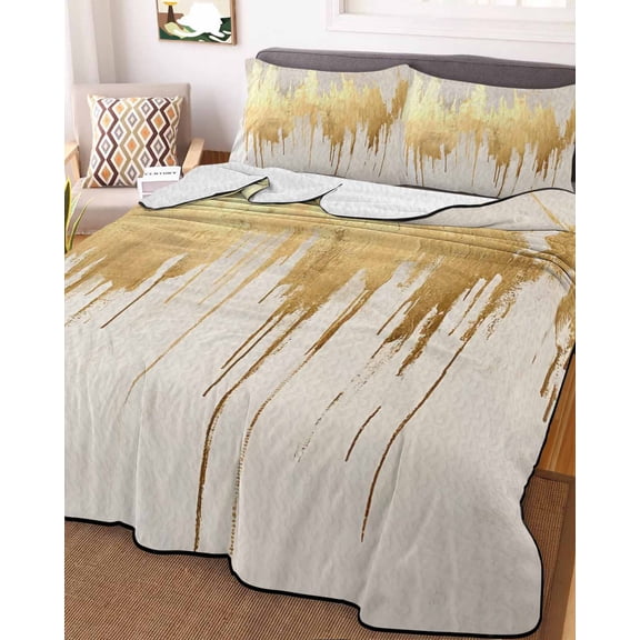 Modern Gold Queen Size Down Alternative Comforter, Lightweight Comforter Quilt Bedding Set with Pillow Shams Abstract Minimalist Grunge Art Color Block All Seasons Bed Comforter Duvet Insert 90"x96"