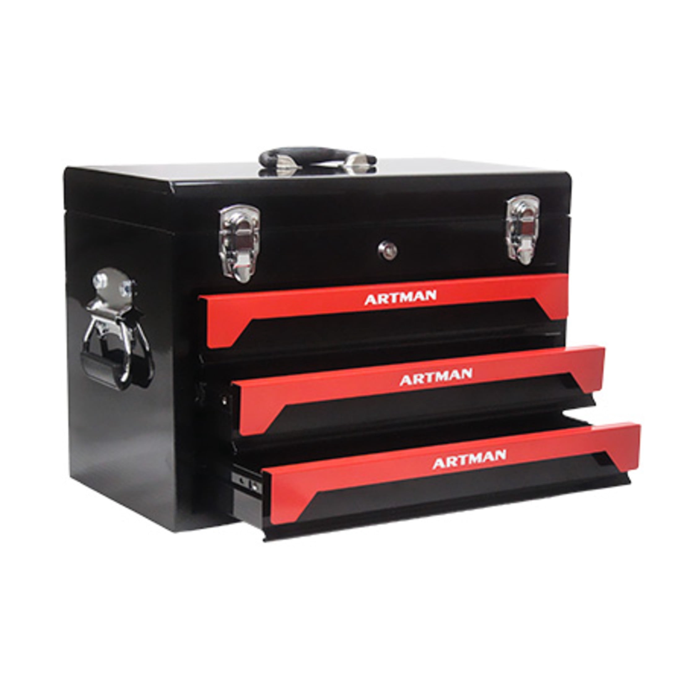 Noble House 20" Portable Steel Tool Box Cabinet, 3-Drawer Powder-Coated Storage Organizer with Metal Latch, Black & Red