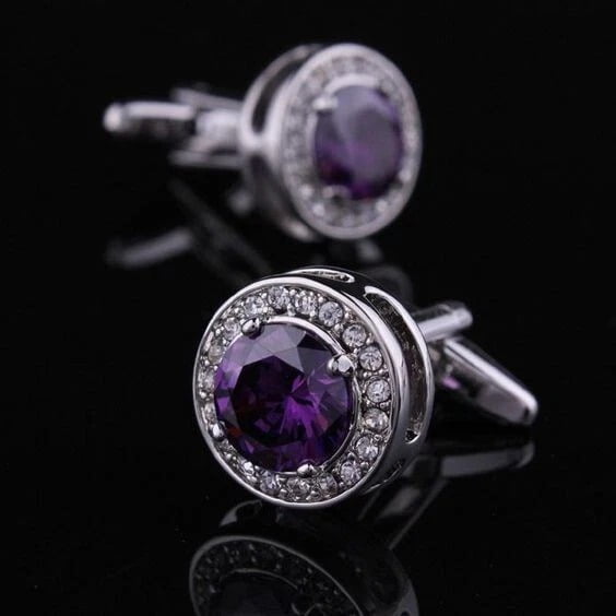 Shree Diamonds Men's Round Cut Purple Amethyst & Diamond Crystal Cufflinks – 925 Sterling Silver, 14K White Gold Plated, Handmade Suit Accessories