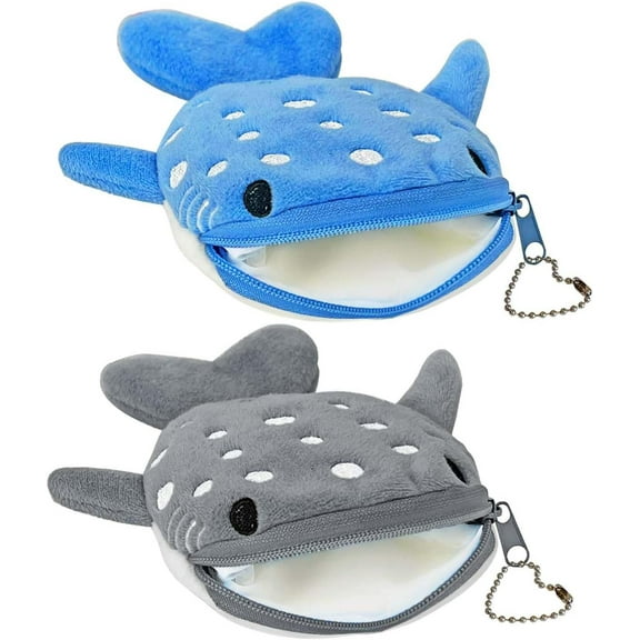 Kwuty Whale Shark Coin Purse, 2 Pcs Plush Coin Pouch, Cute Kawaii Wallet with Zipper Keychain, Small Embroidered Fish Sea Animal Change Purse for Women