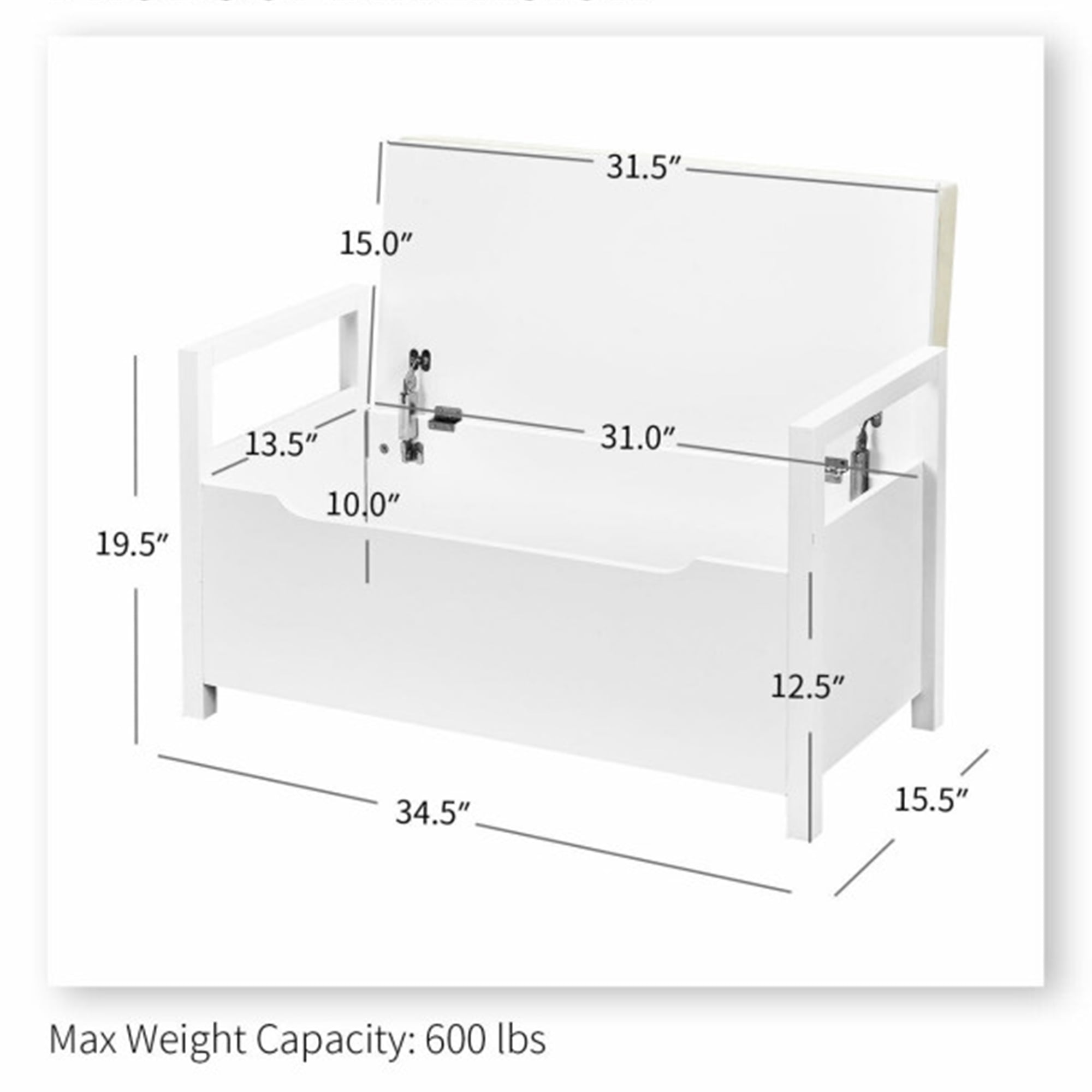 Demi Bonn 34" Storage Bench with Cushion, Lift-Top Toy Storage Organizer Trunk with 2 Safety Hinges, Wood Storage Box Chest for Bedroom, Entryway, Living Room, White