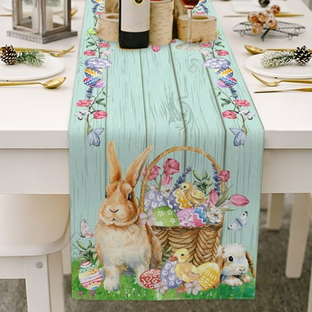 

Easter Cotton Linen Table Runner Dresser Scarves Bunny Tail Easter Eggs Rabbit Spring Flowers Table Runners for Dinning Table Farmhouse Kitchen Decor Holiday Parties Dinner Decoration-13x70 Inch