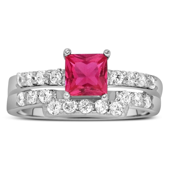 6mm Princess Cut 2.25 Carat Red Ruby Moissanite Diamond Wedding Ring Set in 10k White Gold