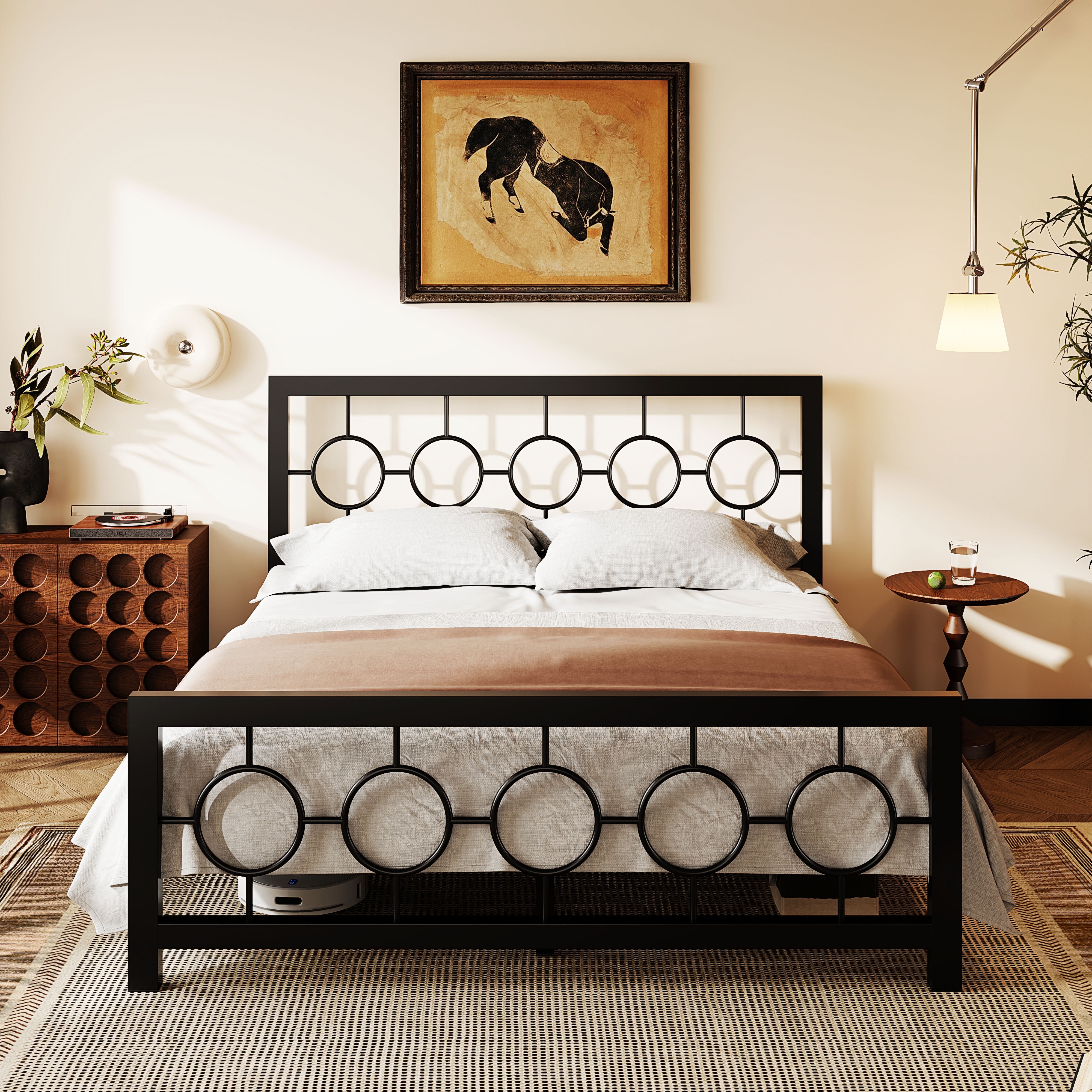 Amolife Queen Size Bed Frame, Heavy Duty Metal Platform Bed with Vintage Circular Headboard & Footboard, Black