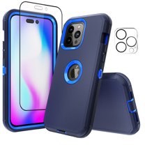 NIFFPD iPhone 14 Pro Case with Screen Protector   Camera Lens Protector, Heavy Duty Hard Shockproof Phone Case for iPhone 14 Pro 6.1" Dark Blue Blue