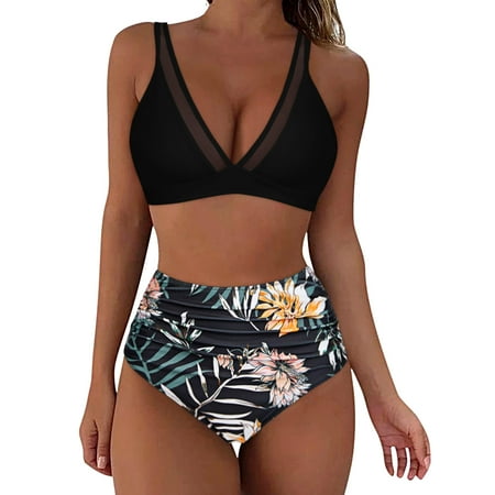 Gubotare Women High Waisted Bikini Sets Tummy Control Swimsuits Color Block Two Piece Drawstring Bathing Suit (Beige XXL)