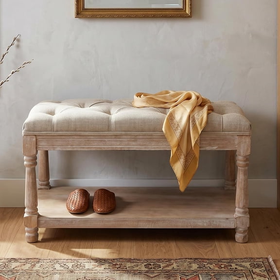 Storage Bench 31.5" W Button Tufted Small Entryway Bench with Wooden Shoes Rack End of Bed Bench with Fabric Linen Upholstered Rectangular Seat for Bedroom Hallway Small Space, Beige