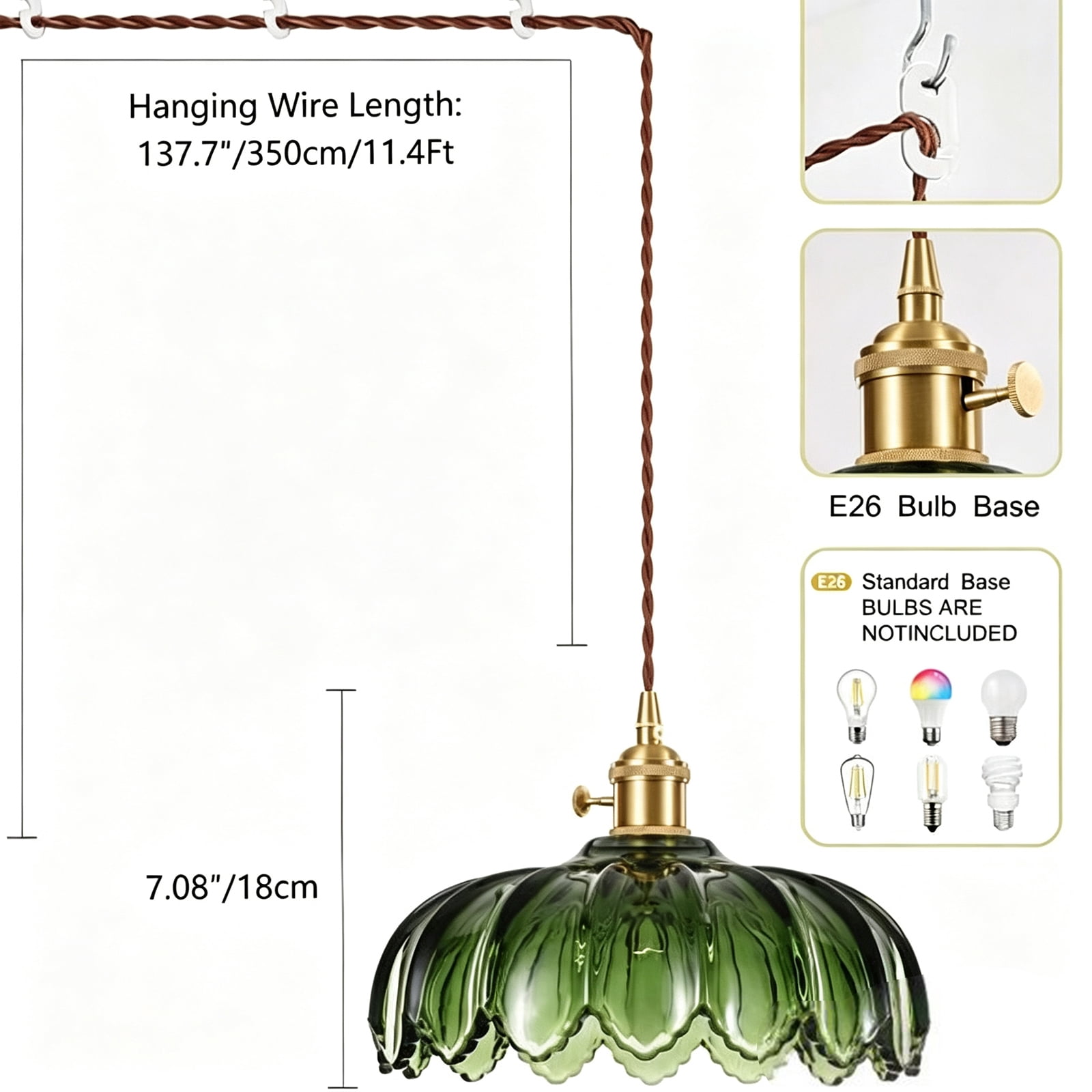 Glass Pendant Lights Plug in, Green Vintage Pendant Light Fixtures,Plug in Hanging Lamp for Dining Room, Living Room, Bedroom (No Bulb Included)