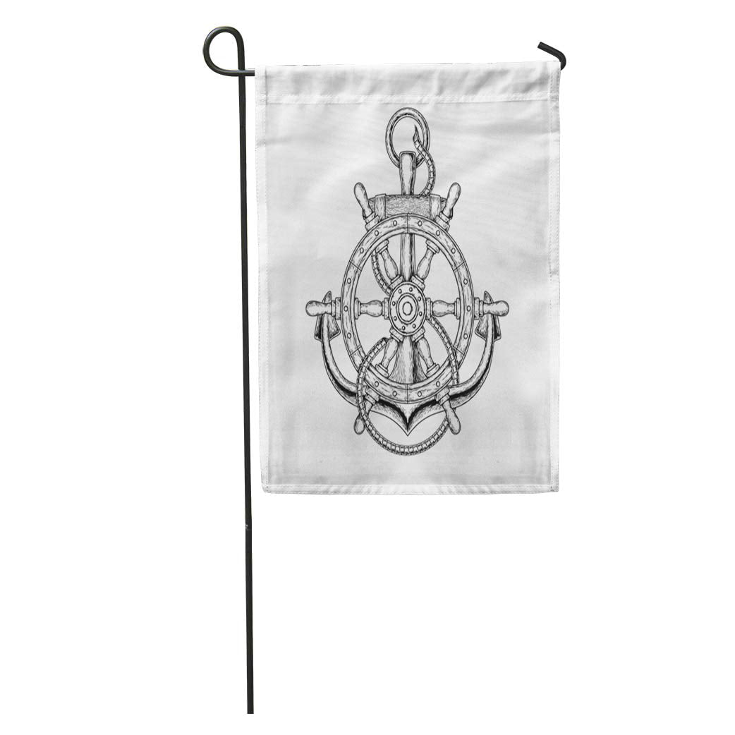 KDAGR Tattoo of Nautical Steering Wheel and Anchor Captain Rope Sketch Boat  Garden Flag Decorative Flag House Banner 28x40 inch 