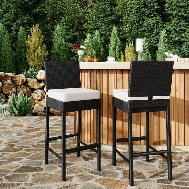 BeesClover Rattan Bar Chair, Bar Stool with Cushions, Kitchen Barstool, Patio Wicker Chair Height Stool Set, Home Bar Seating for Indoor Outdoor, Backyard