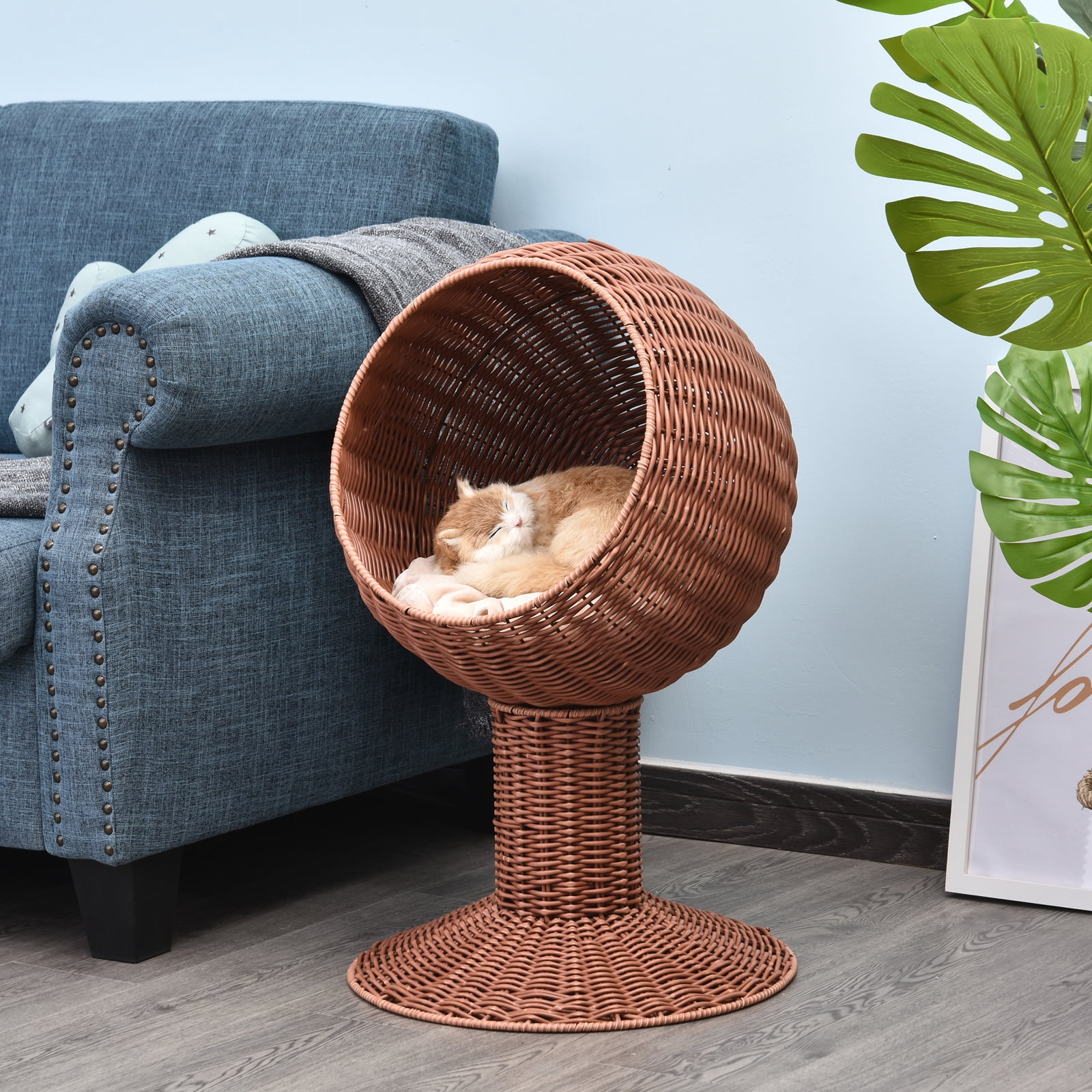Elevated Cat Bed with Rotatable Egg Chair Pod, Cat Basket Bed with Thick Cushion, Natural Mat Grass Woven Kitty House, Brown
