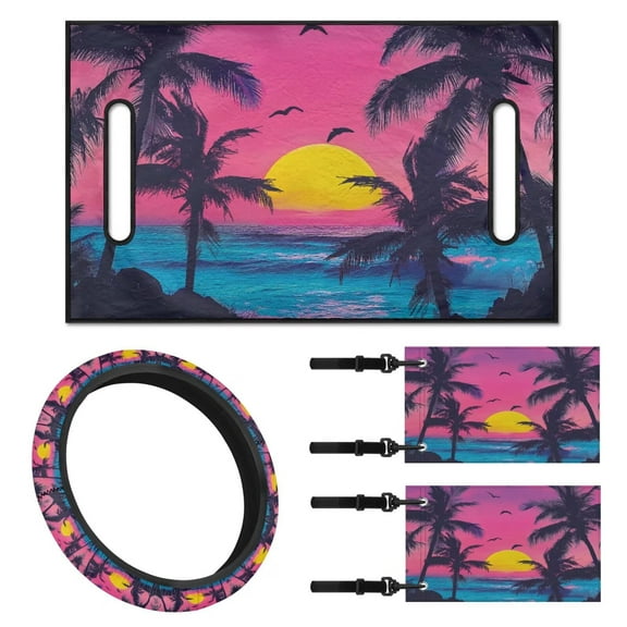 Jeiento Golf Cart Seat Covers 4 PCS with Steering Wheel Cover and 2PCS Golf Cart Flags Sunset Universal Seat Blanket Steering Wheel Wrap Cover Golf Cart Flags Golf Cart Decoration Banner