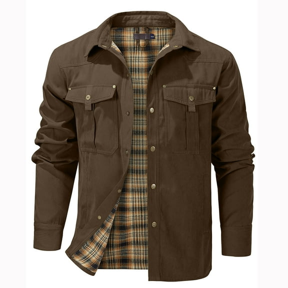 ZRGHAOYLQ Plaid Lined Flannel Jacket Big and Tall Mens Long Sleeve Button Down Casual Shirts with Pocket Western Cowboy Lapel Collar Shirts Jackets