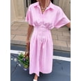 thumbnail image 5 of Women Button Front Pleated Shirt Dresses Summer Casual Short Sleeve Pleated Blouse Mini Dress Pink L, 5 of 8