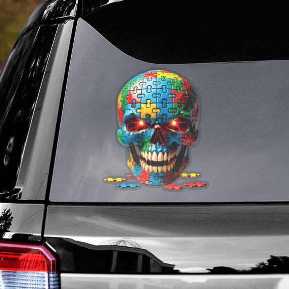 Lotusprinthandmade Autism Awareness Puzzle Skull Transparent Vinyl Decal 6x9 Inches, Autism Decal