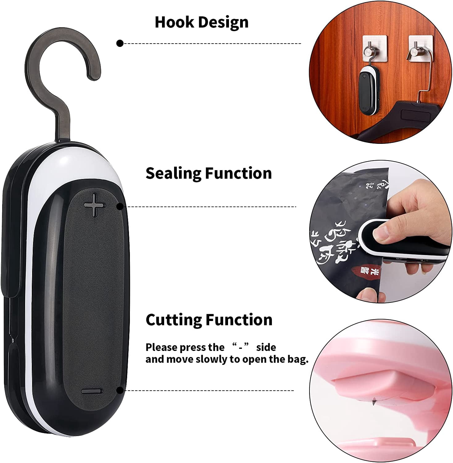 Mini Bag Sealer, 3 Packs Portable Heat Vacuum Sealers, Chip Sealer with Cutter 2 in 1 Food Resealer Handheld Hook for Plastic Bags Storage