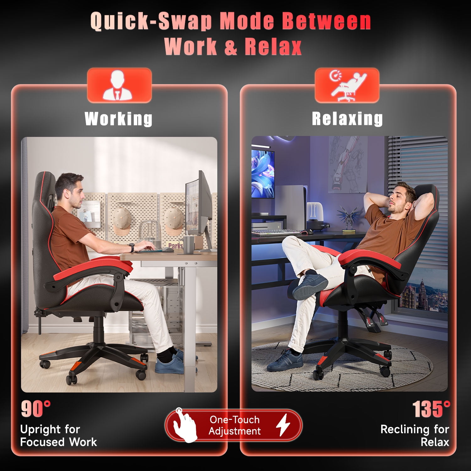 Bigzzia Gaming Chair, Computer with Lumbar Support Height Adjustable with 360-Swivel Seat and Headrest for Office or Gaming (Red)