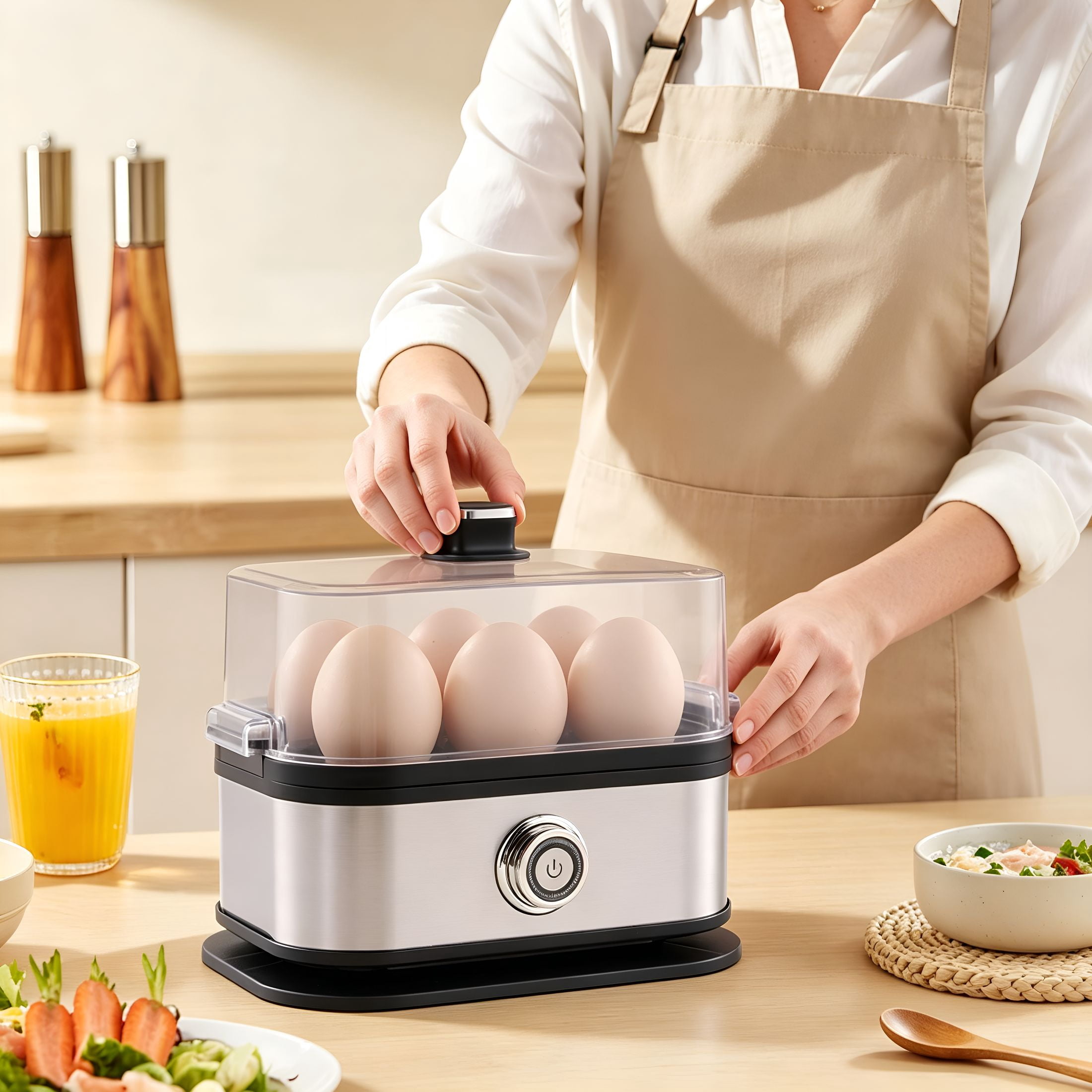 HIBIBUD Smart Egg Cooker with Auto Shut,Rapid Egg Cooker Electric 6 Eggs Capacity,Hard,Medium,Soft Boiled Egg Poacher,Egg Steamer,Multi-Function,Knob Controlled Auto Shut-Off Function