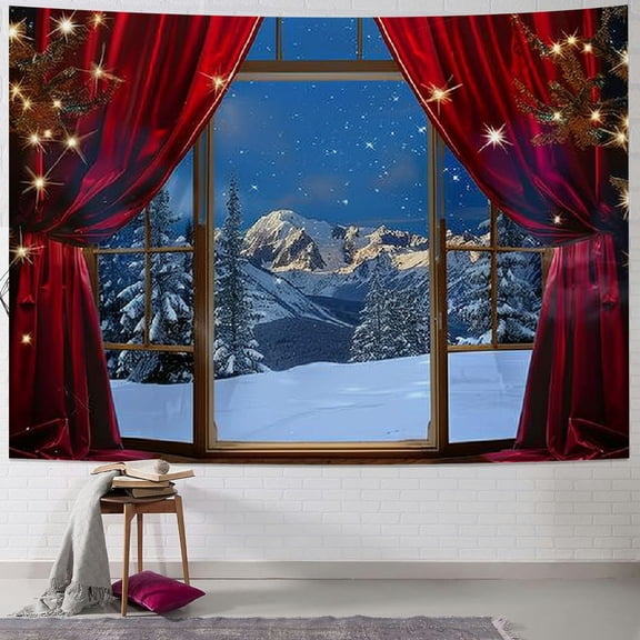 BCIIG Winter Tapestry Wall Hanging Snow Scene Outside Vintage Window Tapestries Red Christmas Balls New Year Wall Decor Blanket for Bedroom Living Room Holiday Party Painting