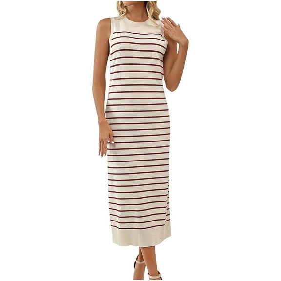 Wycnly Summer Dresses for Women Summer Dresses for Women 2025 Party Club Slim Fit Soft Knitted Bodycon Dress Womens Formal Striped Print Round Neck Sleeveless Long Dresses