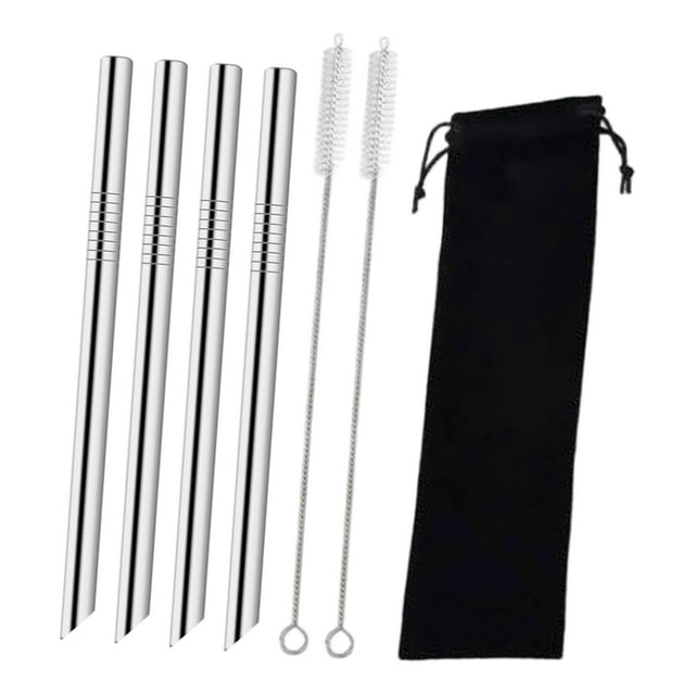 4 pajitas reutilizables de acero inoxidable, portátiles, con cepillo de limpieza, de metal, reutilizables para cócteles, tiendas y cocinas. Plata